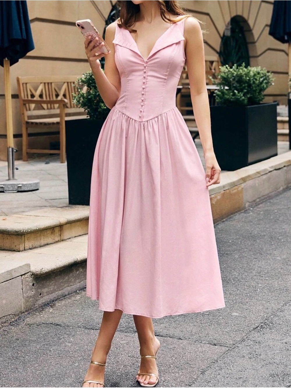 Womenโs Pink Midi Dress with Button Front